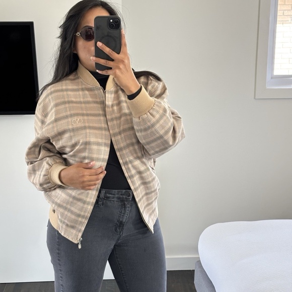 Valentino Jacket Bomber Beige Plaid Wool *VINTAGE* Logo V 100% Authentic - Picture 4 of 15